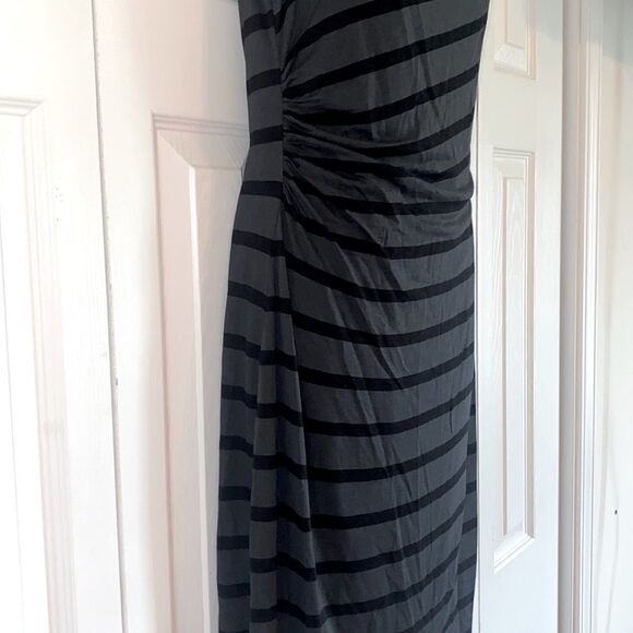 The Loft Striped Sleeveless Ruched Side Black Grey Dress size Small S -EUC - Picture 4 of 6